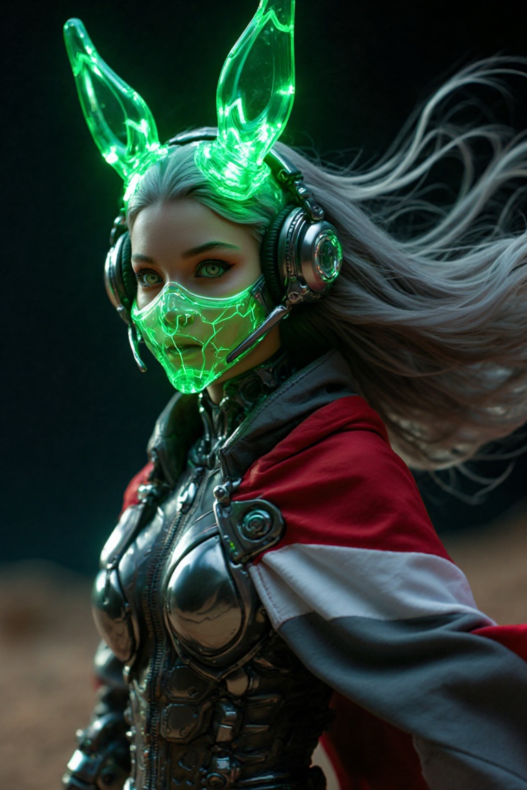 Side view of a majestic mecha girl wearing glowing translucent glass headgear merged with headphones,  green glowing mecha...