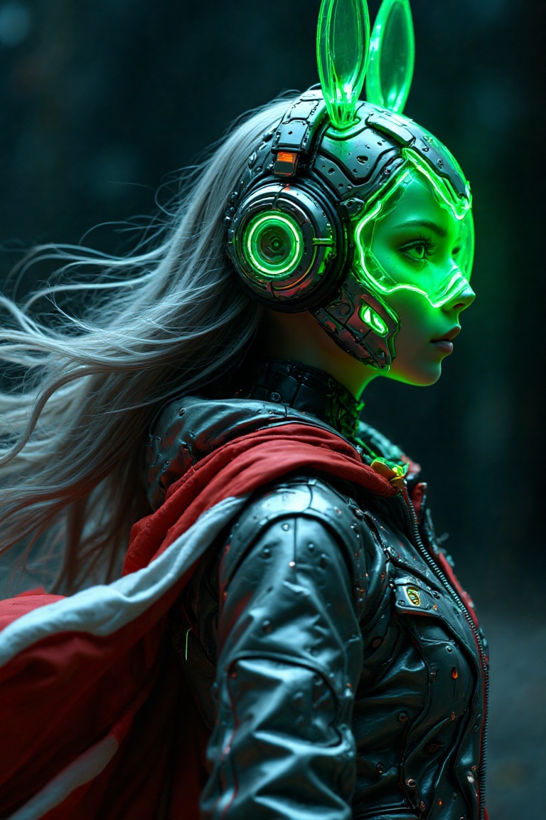 Side view of a majestic mecha girl wearing glowing translucent glass headgear merged with headphones,  green glowing mecha...