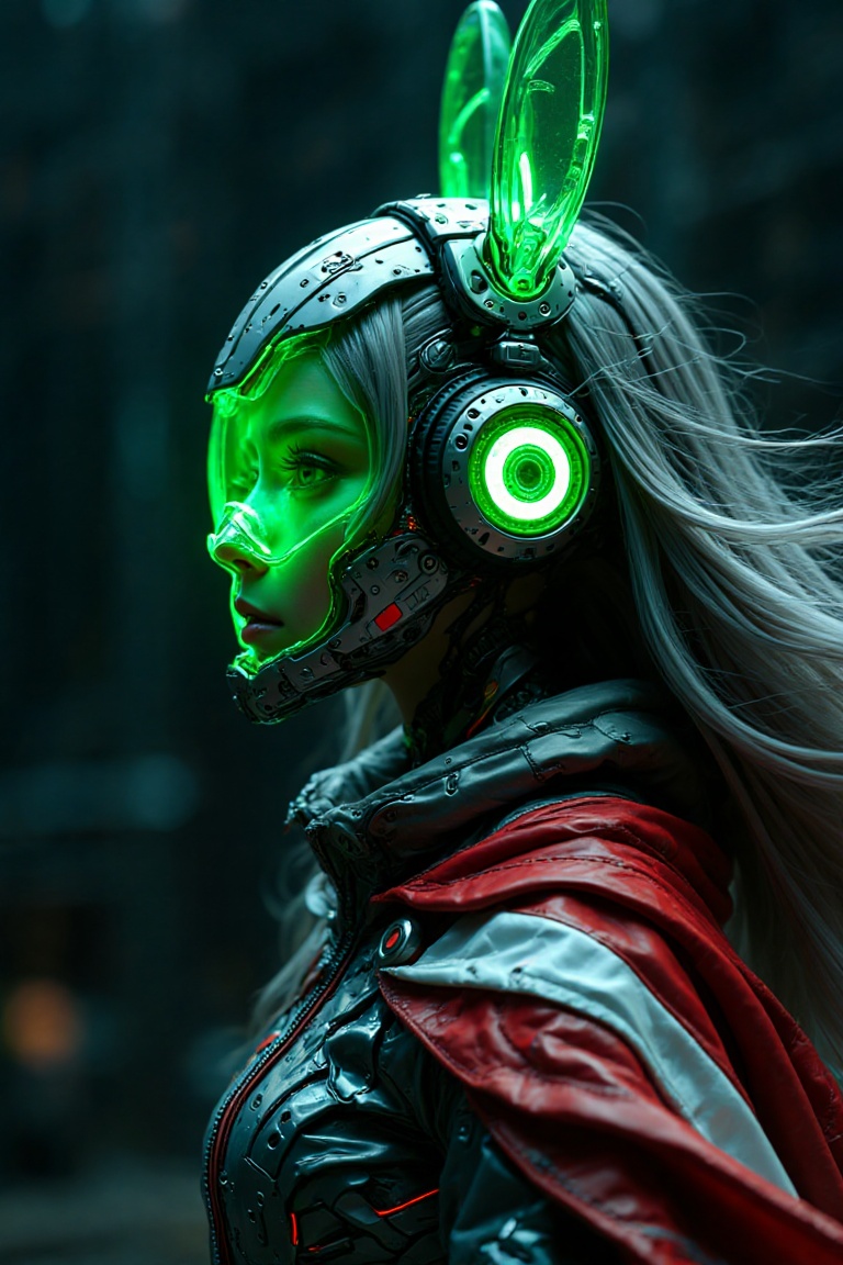 Side view of a majestic mecha girl wearing glowing translucent glass headgear merged with headphones,  green glowing mecha...