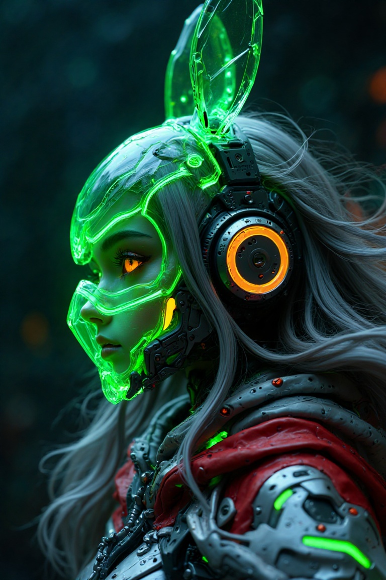 Side view of a majestic mecha girl wearing glowing translucent glass headgear merged with headphones,  green glowing bunny...