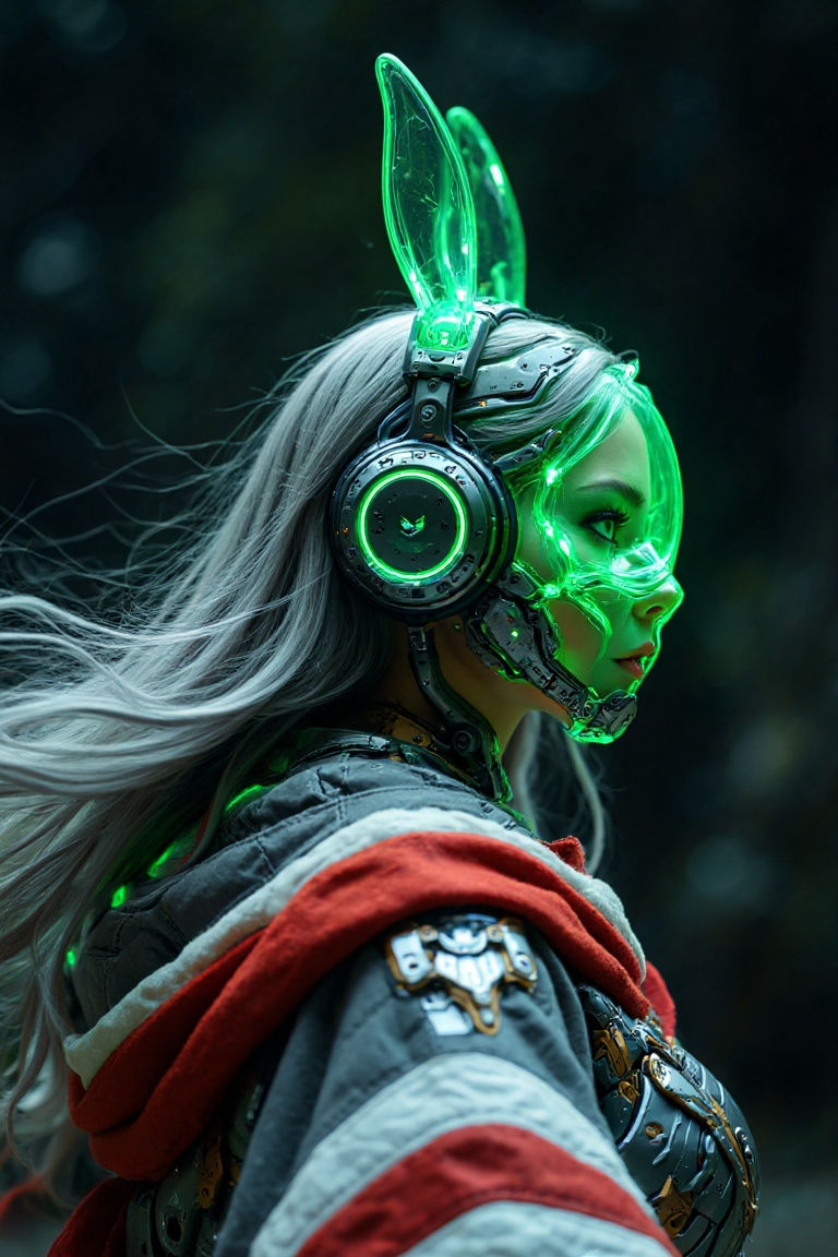 Side view of a majestic mecha girl wearing glowing translucent glass headgear merged with headphones,  green glowing bunny...