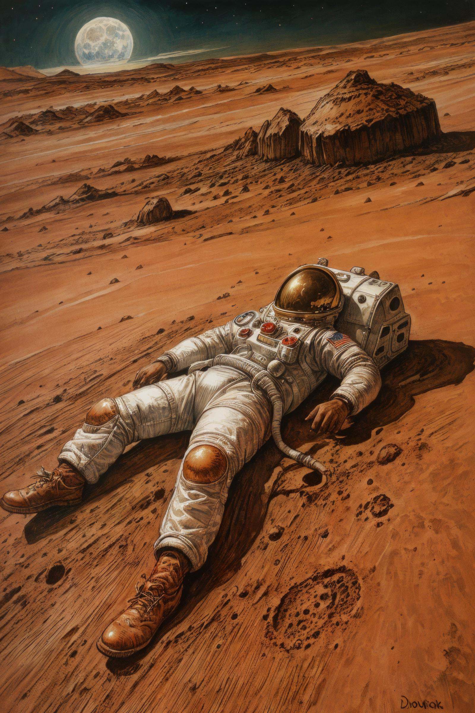 druuna style,  "an astronaut laying on mars in the style of flooko,  acrylic art on Tensor.Art