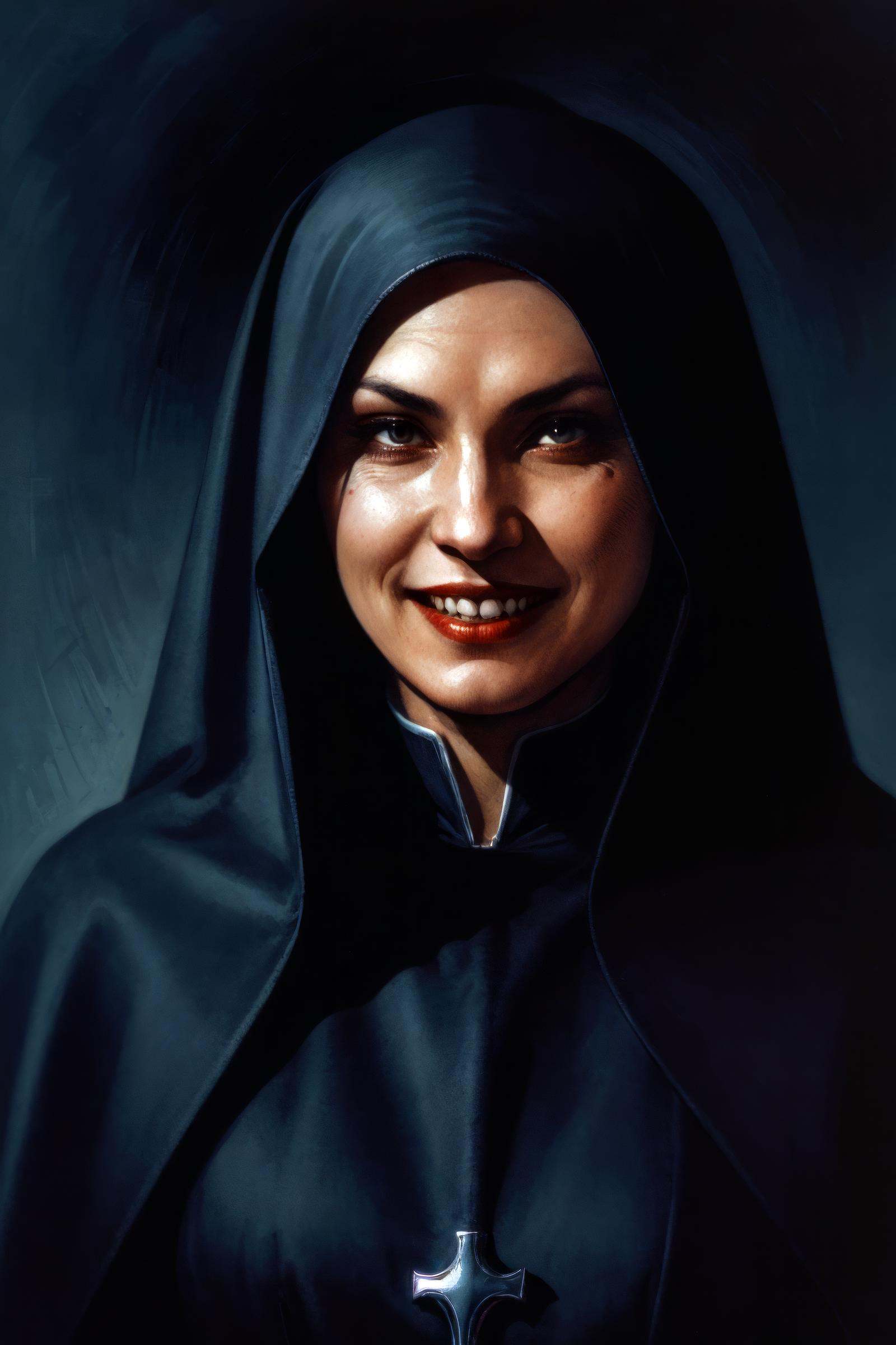 druuna style,  "single scary female vampire nun,  evil grin on Tensor.Art