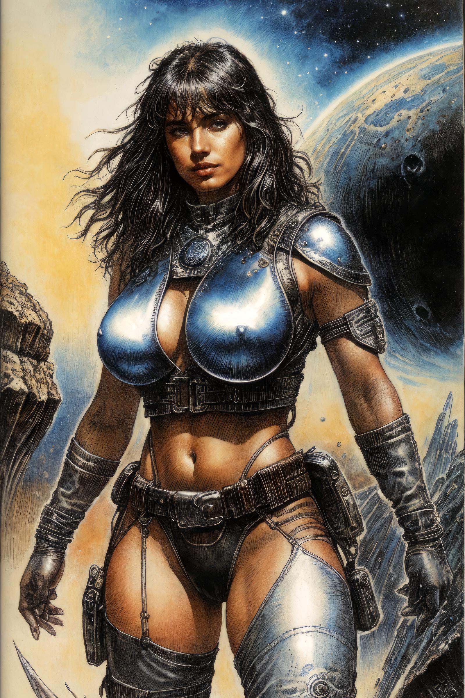druuna style,  [sci-fi:fantasy:18] artwork,  highly detailed painting of a (Space outlaw Woman with short multicolor hair)...