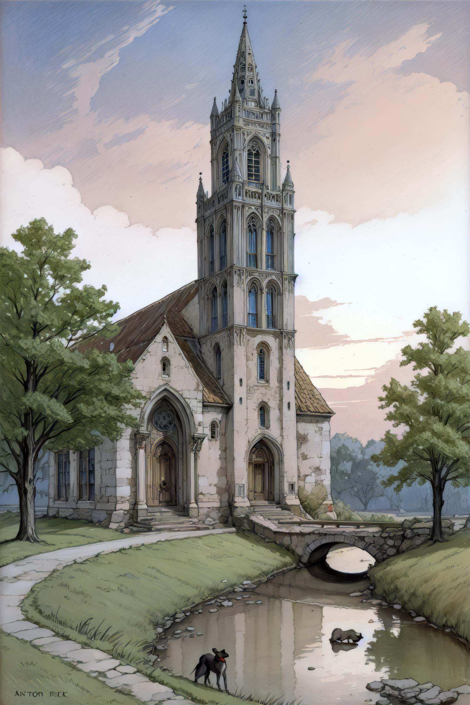 anton pieck style,  scenery,  bare tree on Tensor.Art