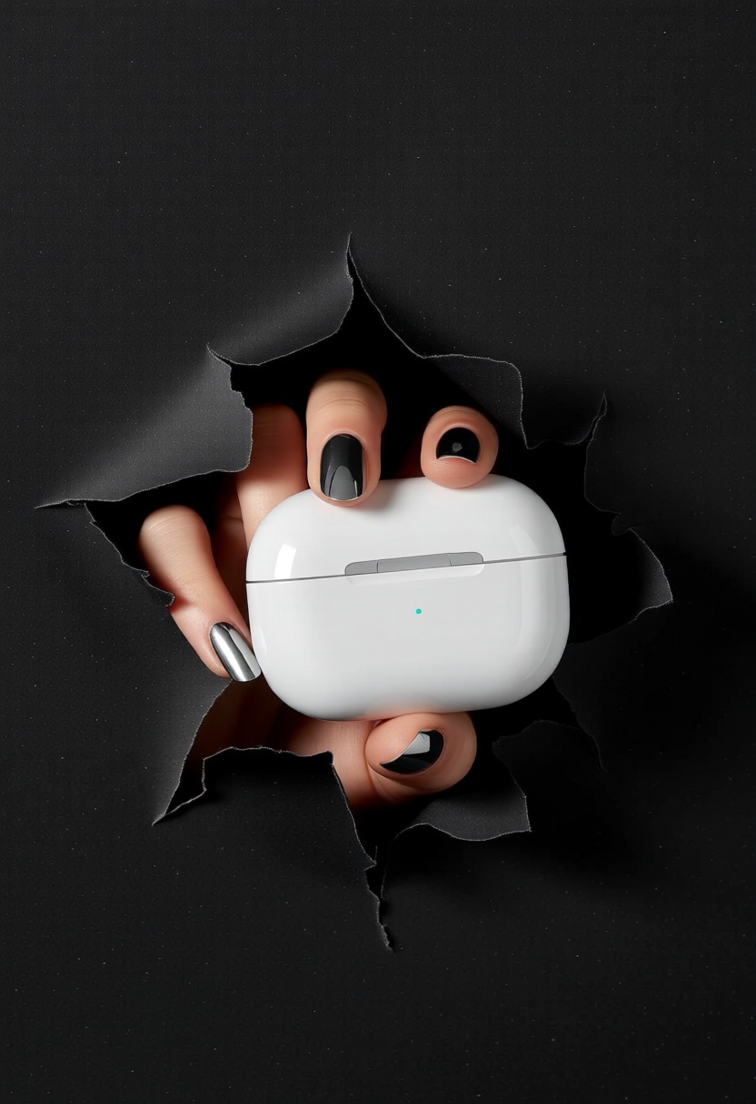 A pop-up-hand breaks through a sleek black paper backdrop,  holding the glossy white case of AirTune PulseBuds Pro. Nails...