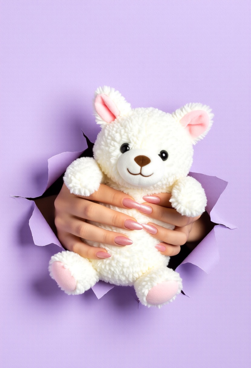 A pop-up-hand reaches through a pastel lavender paper,  hugging a fluffy white SnuggleHug BounceBun Mini with pink-tipped...