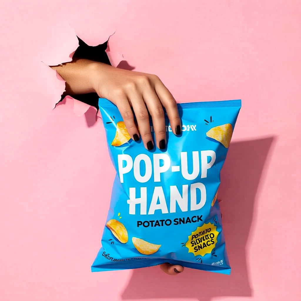 A hand pops out from a torn hole in a pink paper background,  holding a blue bag of Potato Snack with text "POP-UP-HAND"....