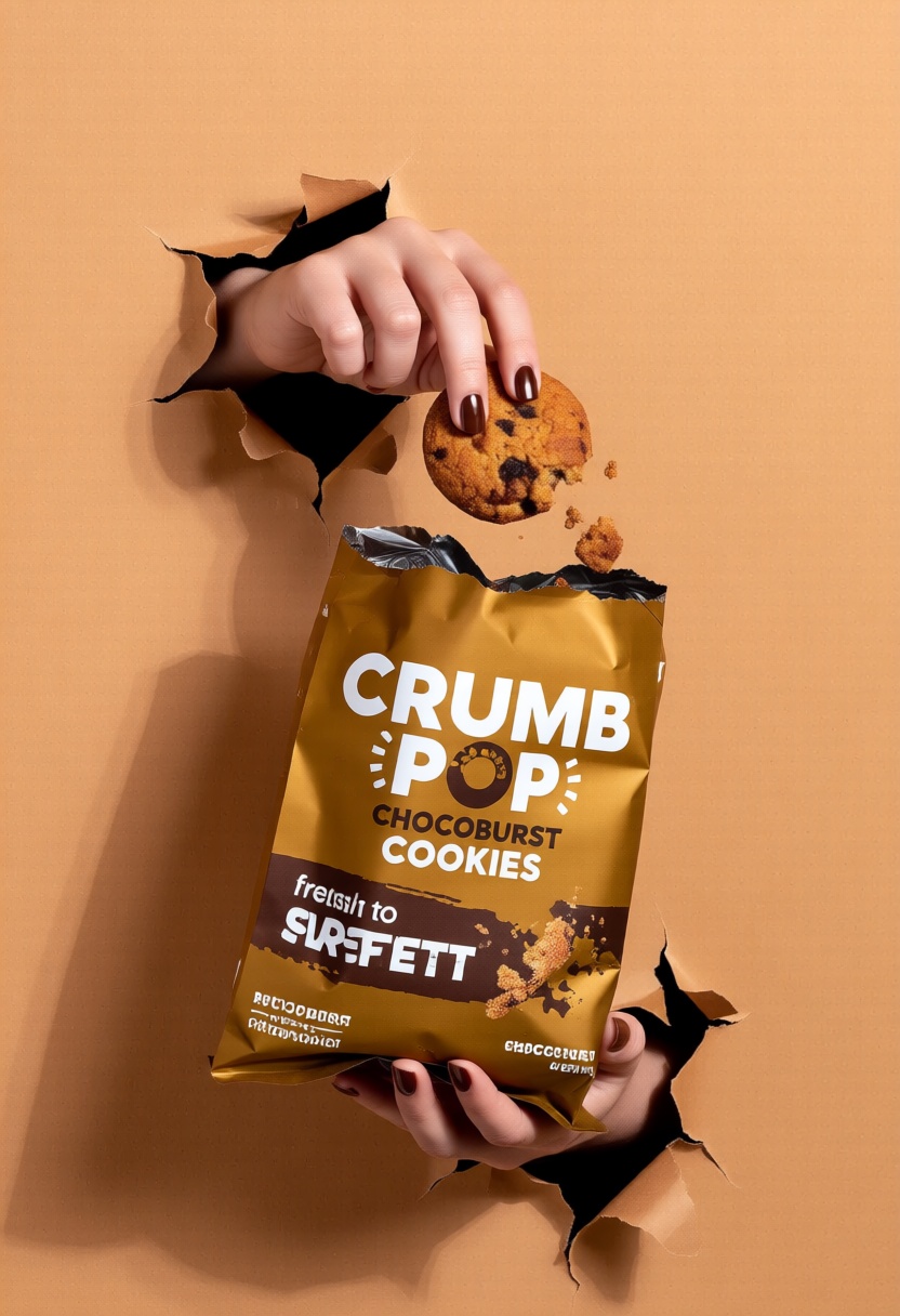 A pop-up-hand emerges from a torn hole in warm brown kraft paper,  holding a golden-brown bag of CrumbPop ChocoBurst Cooki...