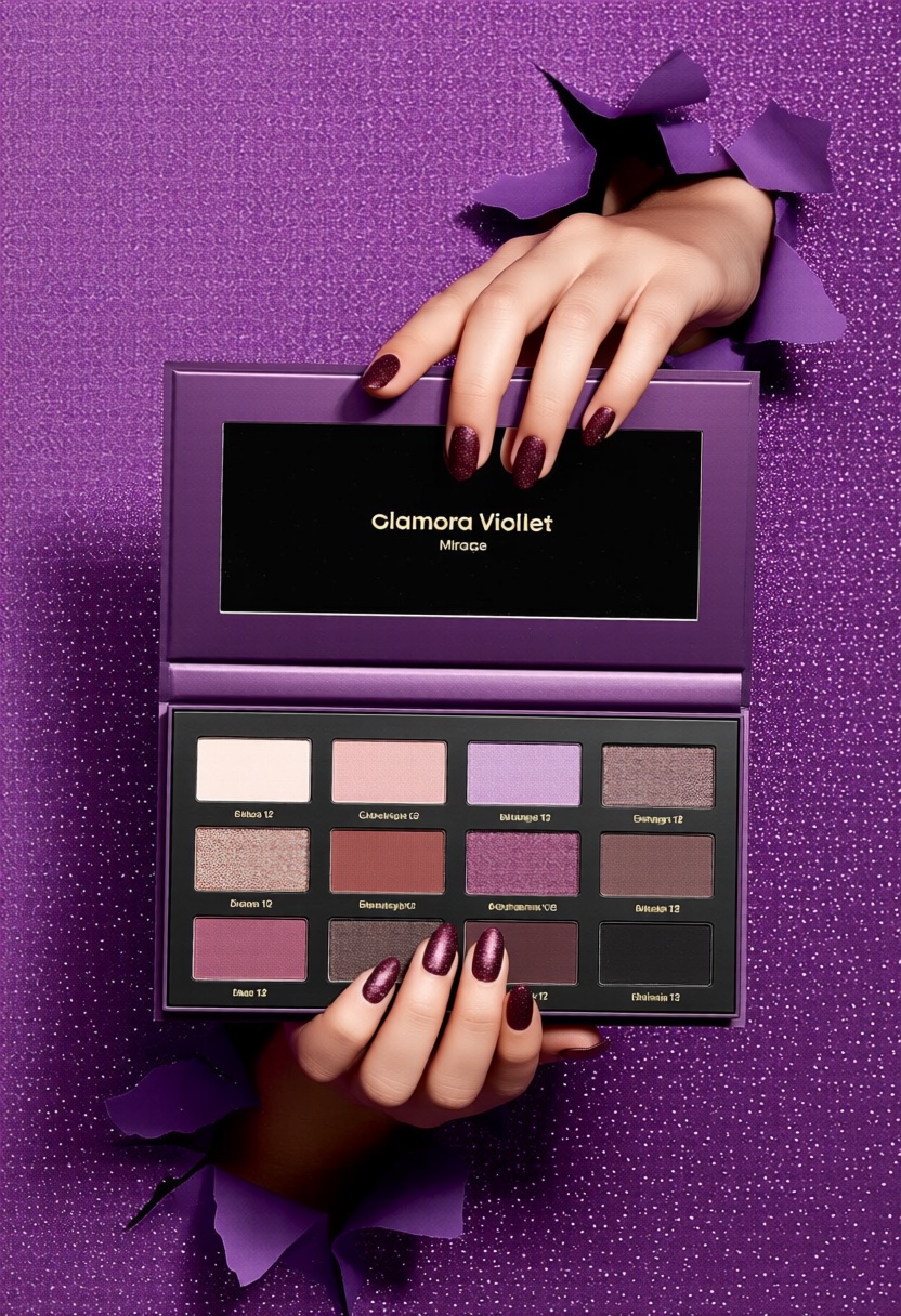 A pop-up-hand emerges from a shimmering purple paper,  holding the luxurious Glamora Violet Mirage Palette. Nails are glit...