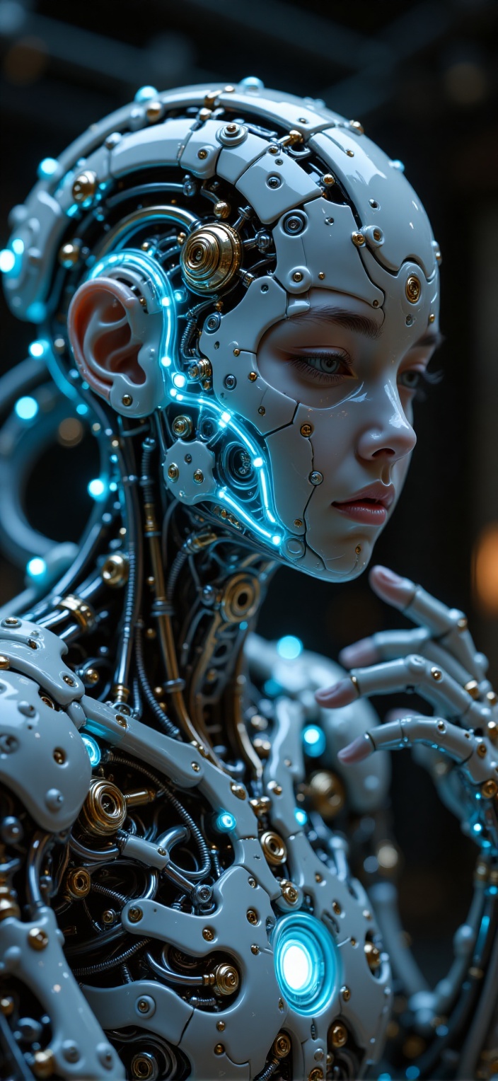 Close-up of a cybernetic porcelain mecha,  glowing softly with blue light. Fine details in the porcelain,  intricate patte...