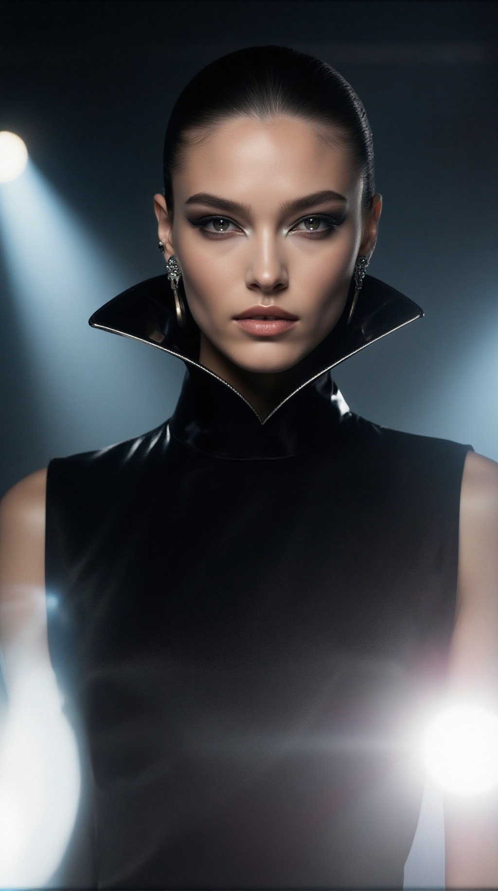chic 20yo woman,  bust shot,  wearing a sleek black avant-garde dress with exaggerated collar and bold metallic accessorie...
