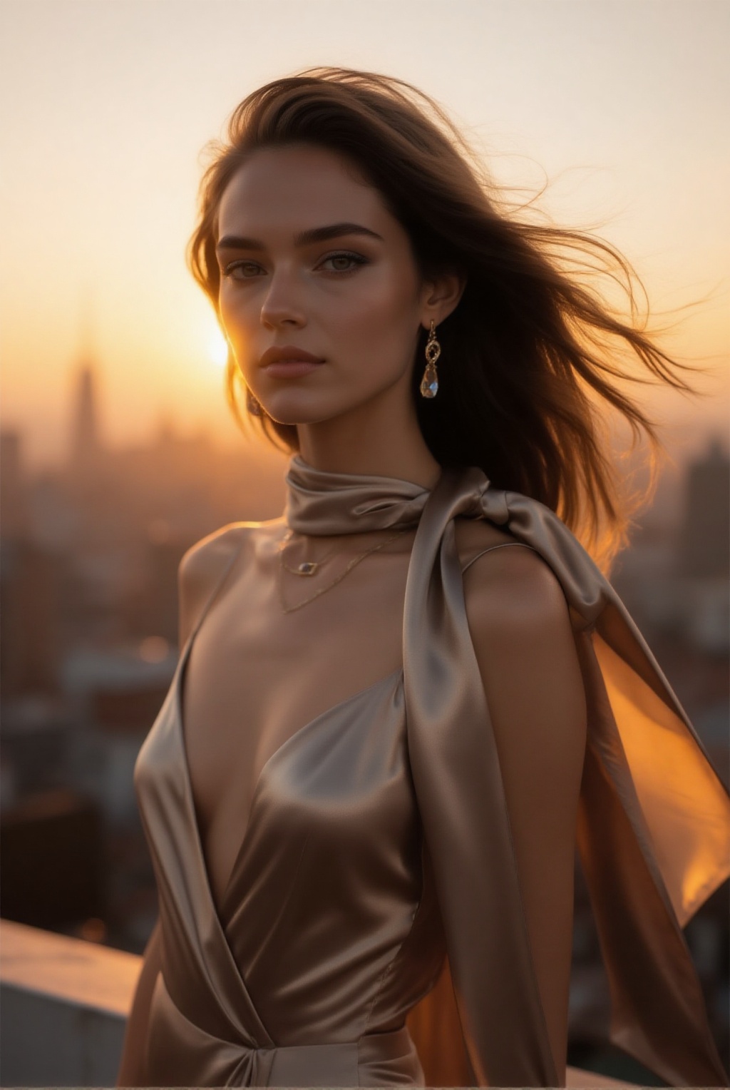 chic 20yo woman,  elegant bust portrait,  standing on a rooftop terrace at golden hour on Tensor.Art