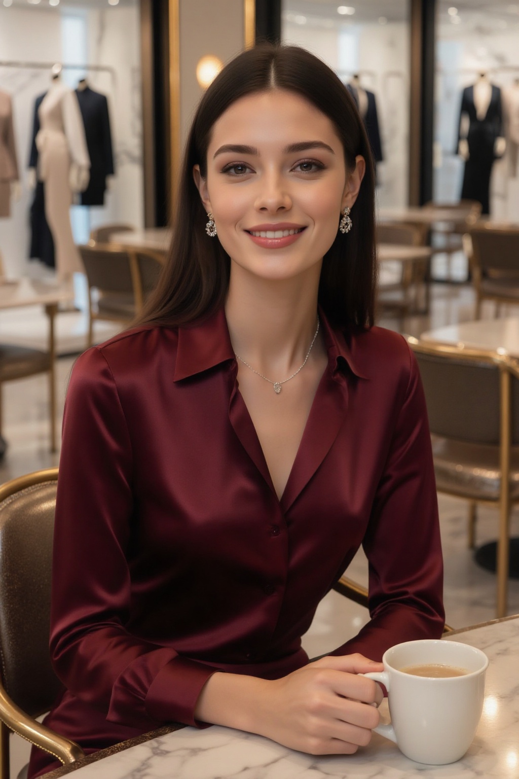 chic young woman,  elegant bust shot,  sitting gracefully at a stylish café table inside a luxury department store. She we...