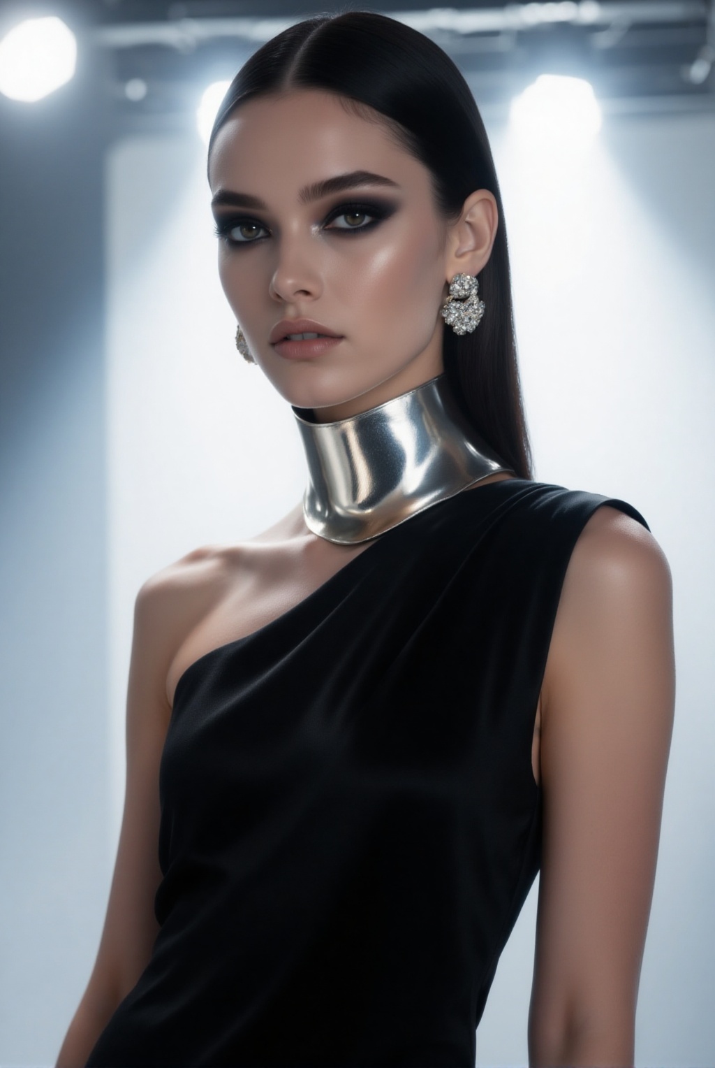 chic 20yo woman,  bust shot,  wearing a sleek black avant-garde dress with exaggerated collar and bold metallic accessorie...