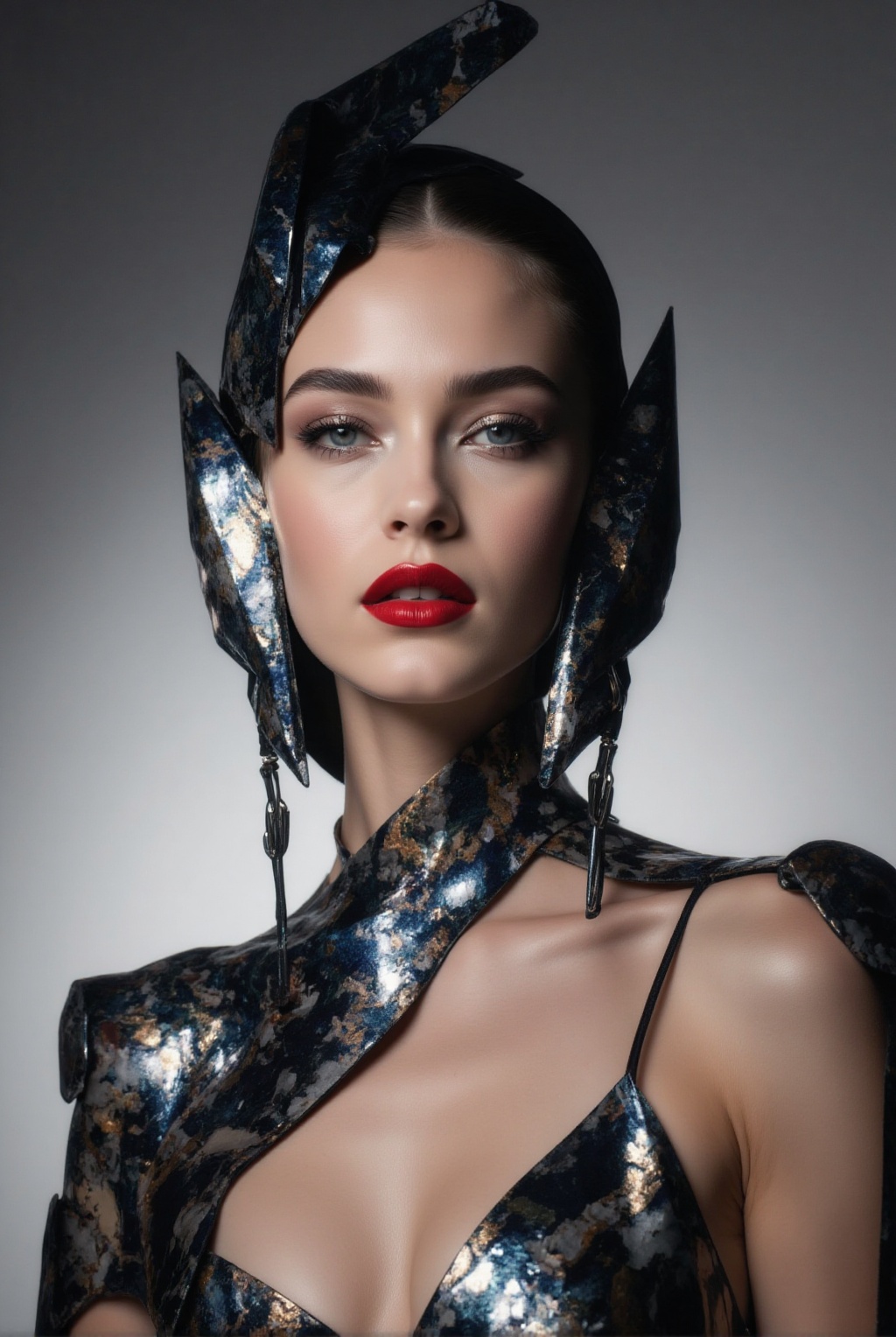 chic 20yo woman,  artistic bust portrait,  wearing an avant-garde futuristic outfit with asymmetrical patterns on Tensor.Art