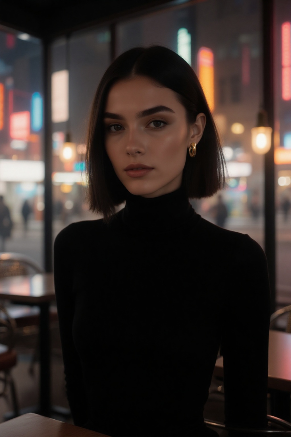 chic bust shot,  wearing a black turtleneck and gold earrings,  short sleek bob haircut on Tensor.Art