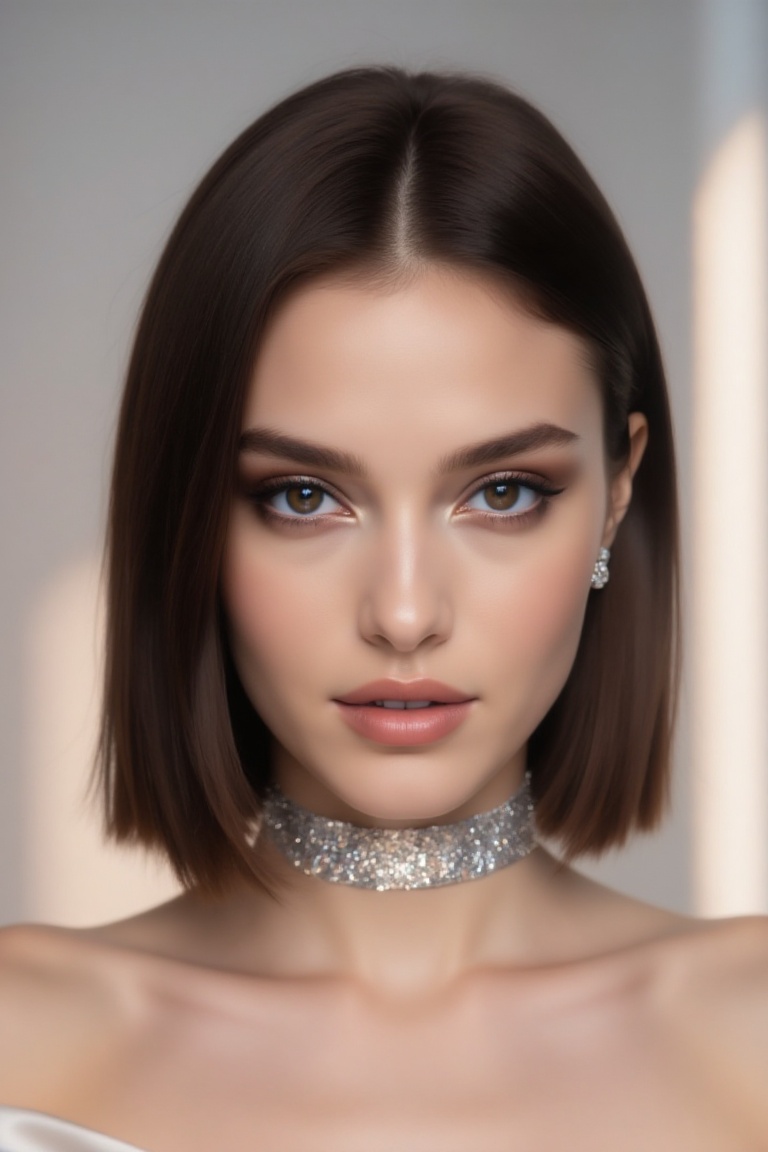 20yo chic woman,  breathtakingly beautiful,  sleek brunette bob hairstyle on Tensor.Art