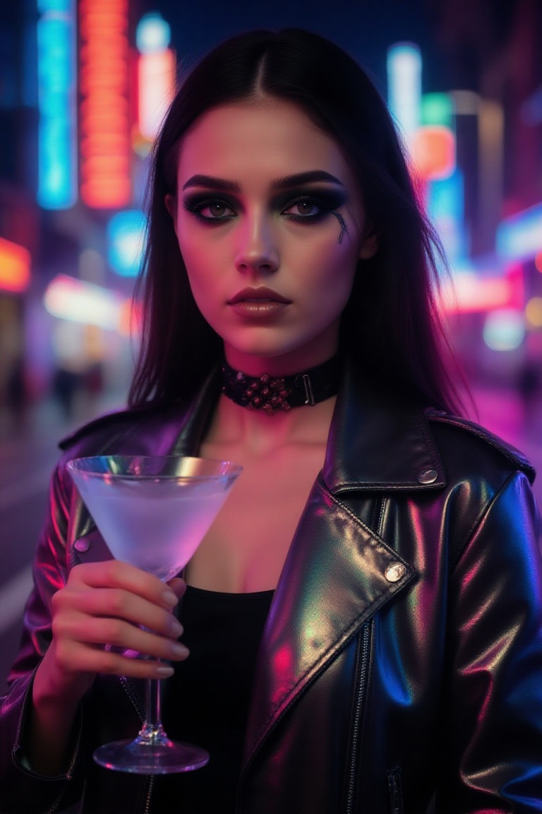 chic 20yo woman,  edgy bust shot,  illuminated by neon lights of a futuristic city street at night on Tensor.Art