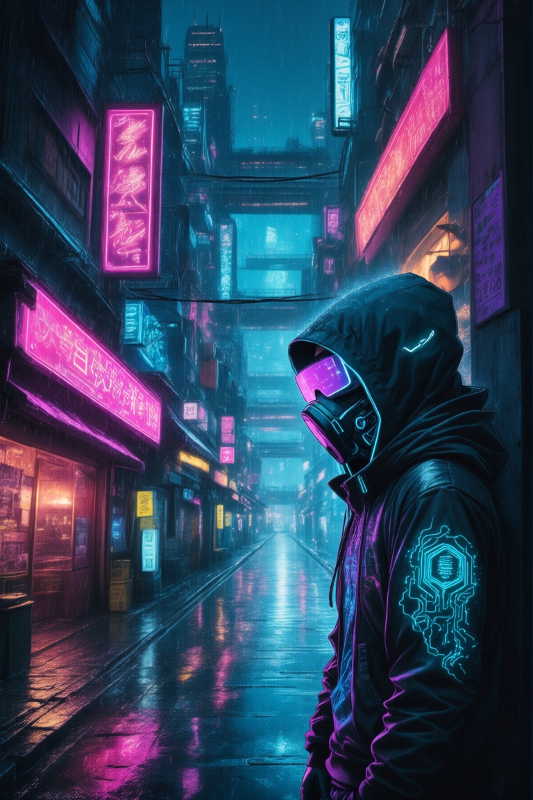 A rain-soaked neon-lit alleyway in a sprawling cyberpunk city at night,  illuminated by holographic billboards and flicker...