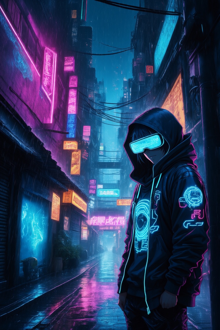 A rain-soaked neon-lit alleyway in a sprawling cyberpunk city at night,  illuminated by holographic billboards and flicker...