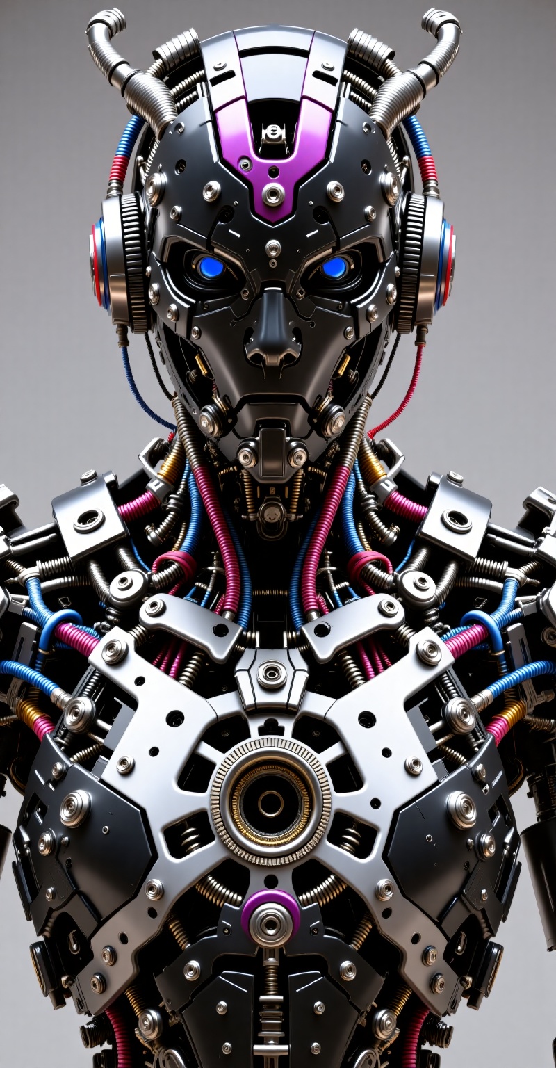 ultra-detailed mechanical humanoid hybrid,  fusion of advanced cybernetics and modular demon-tech armor,  Dominant black a...