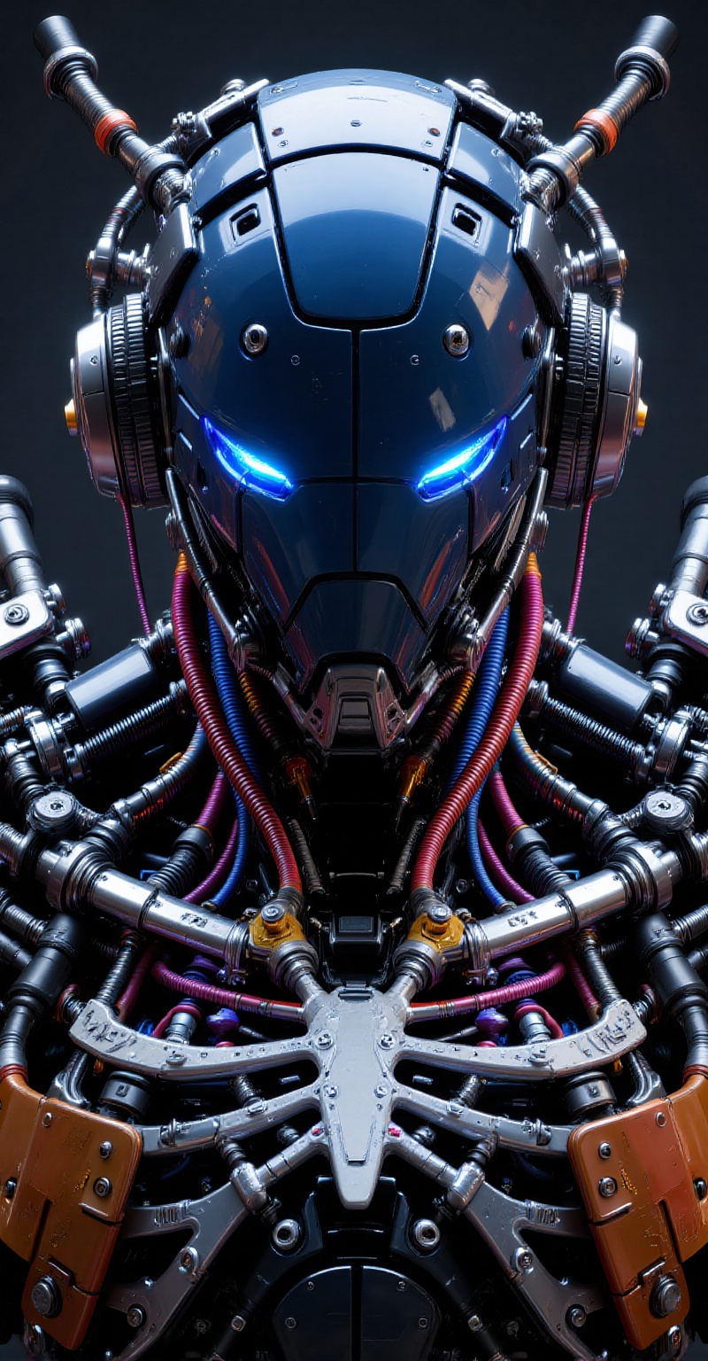 close-up portrait of futuristic mecha,  glowing blue visor helmet with antenna modules,  exposed ceramic ribcage showing c...
