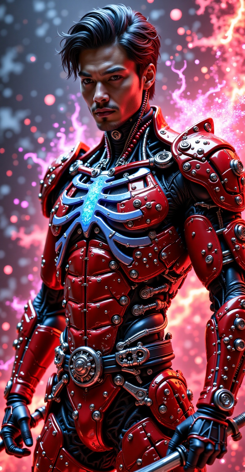 Ultra-detailed digital illustration of a male android samurai warrior in a full-body frame. Slim and athletic,  he wears a...