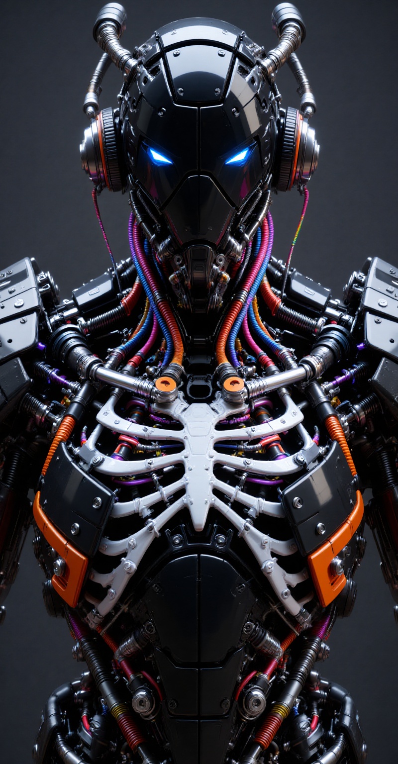 ultra-detailed mechanical humanoid hybrid,  fusion of advanced cybernetics and modular demon-tech armor,  Dominant black a...