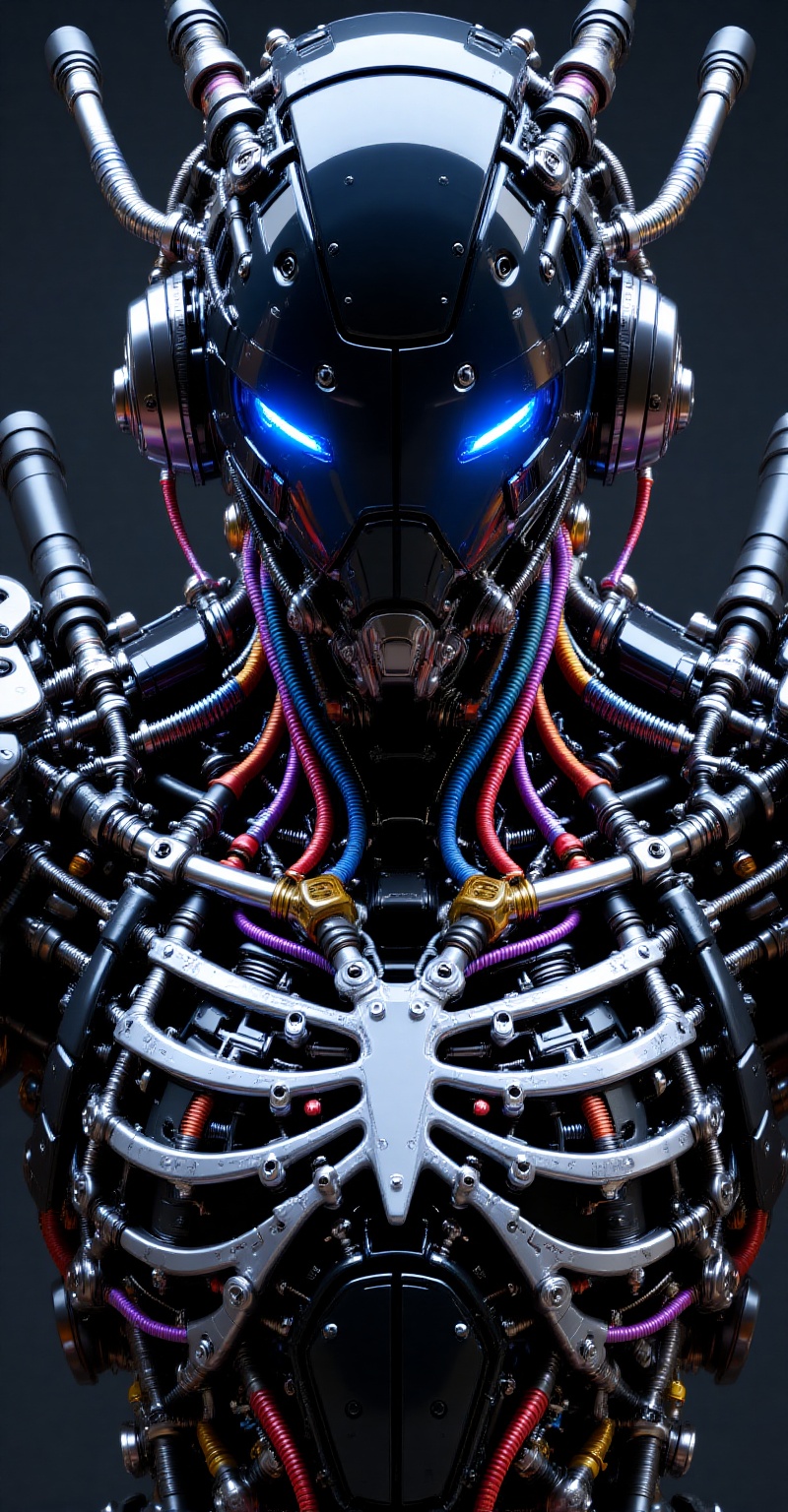 close-up portrait of futuristic mecha,  glowing blue visor helmet with antenna modules,  exposed ceramic ribcage showing c...