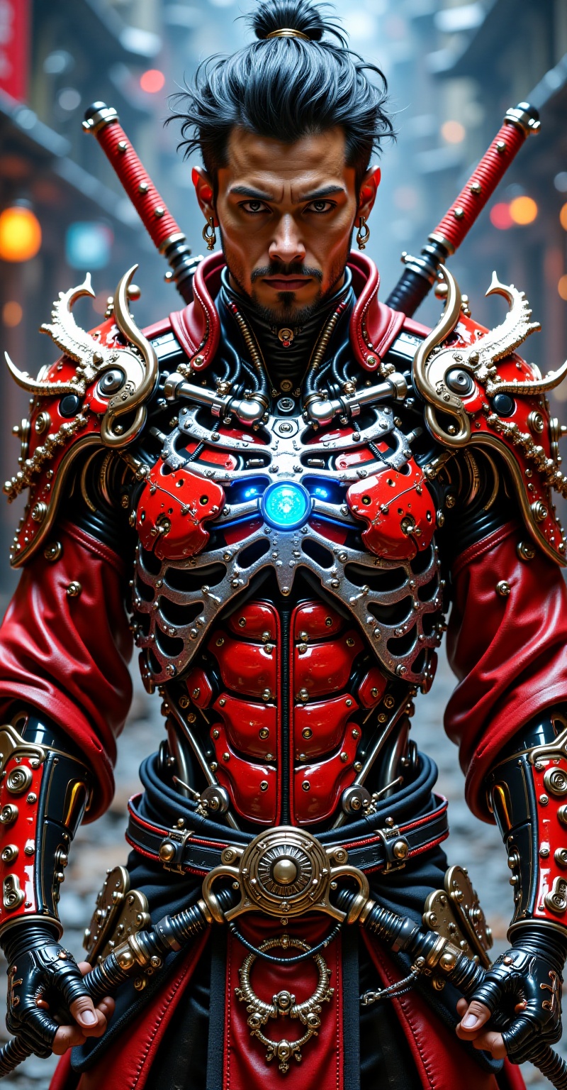 Ultra-detailed digital illustration of a male android samurai warrior in a full-body frame. Slim and athletic,  he wears a...