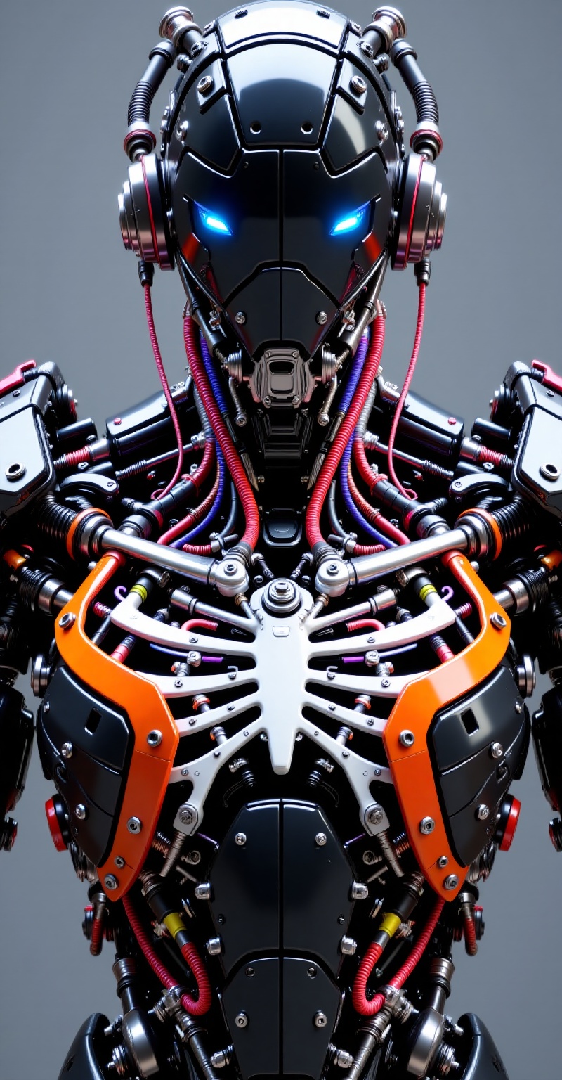 ultra-detailed mechanical humanoid hybrid,  fusion of advanced cybernetics and modular demon-tech armor,  Dominant black a...