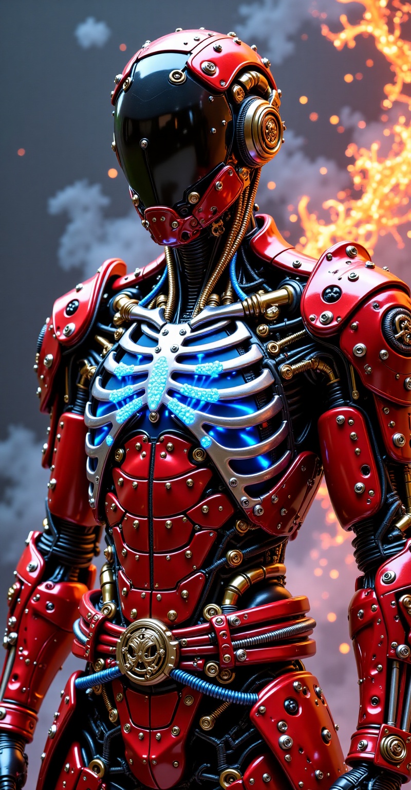 Ultra-detailed digital illustration of a male android samurai warrior in a full-body frame. Slim and athletic,  he wears a...