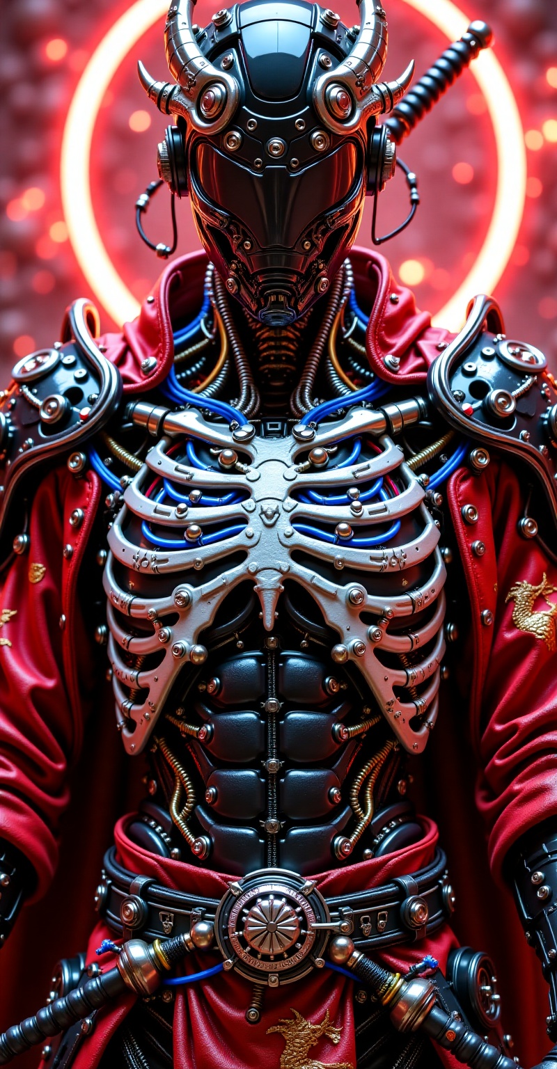 Ultra-detailed digital illustration of a male android samurai warrior in a full-body frame. Slim and athletic,  he wears a...