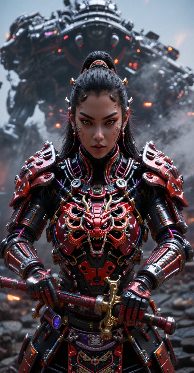 Close-up of fearless female samurai,  intense gaze,  mecha armor with dragon head pattern glistening in dim light on Tenso...