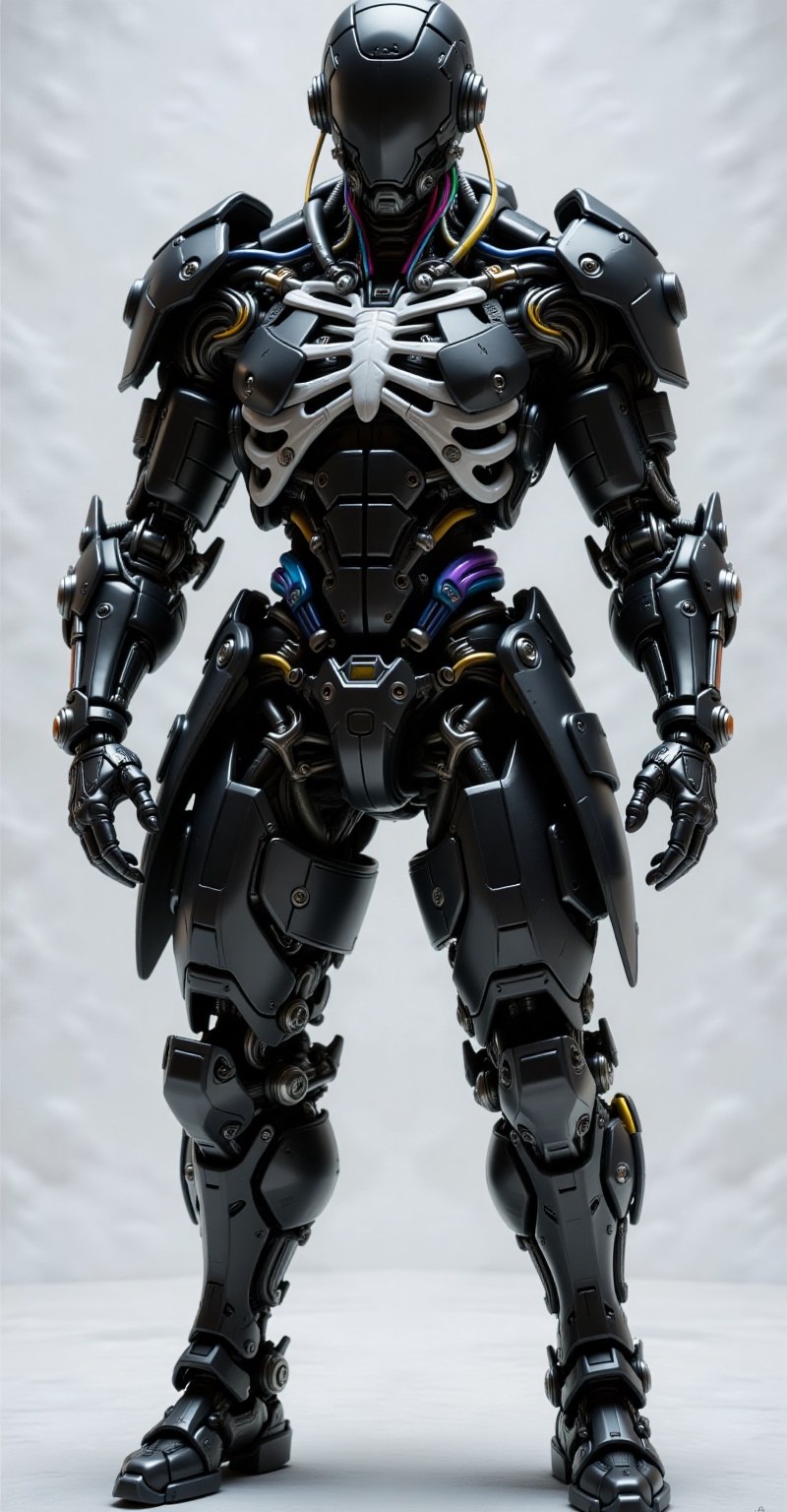 Ultra-detailed mechanical humanoid hybrid,  fusion of advanced cybernetics and modular demon-tech armor. Dominant black th...