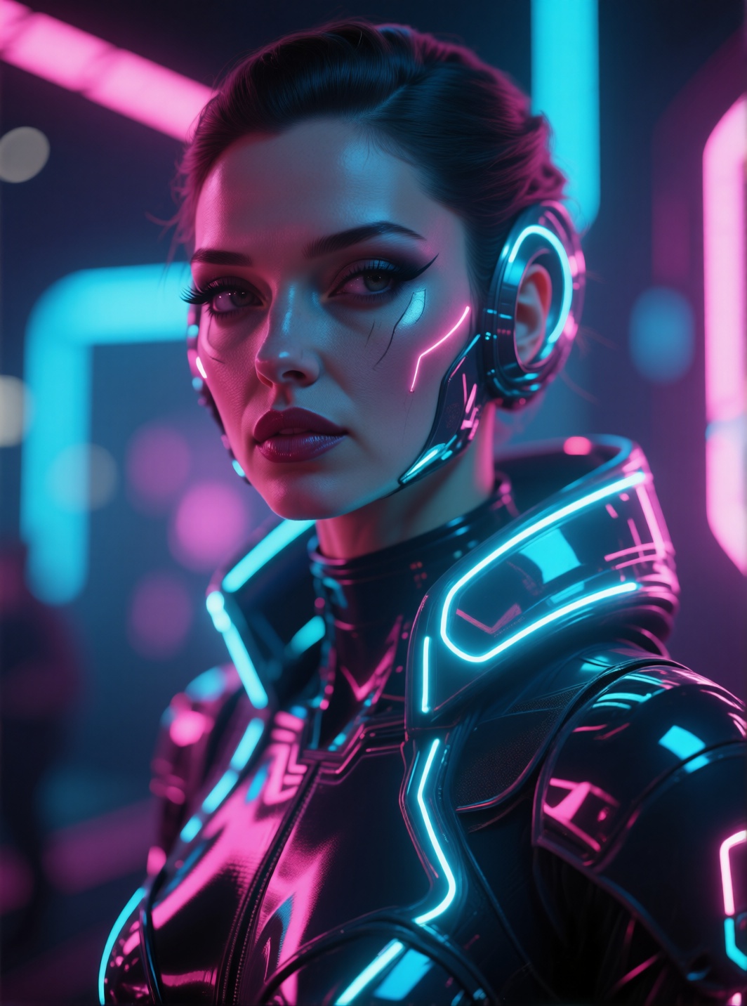 cinematic ultra-HD cyberpunk portrait of a futuristic diva,  neon lights glowing across sharp photorealistic skin,  cinema...