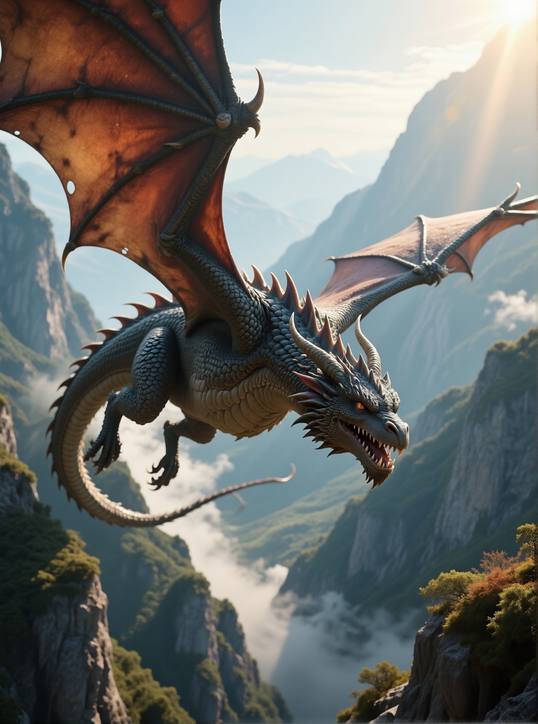 cinematic ultra-HD scene of a dragon soaring over mountains,  hyper-detailed scales,  photorealistic textures on Tensor.Art