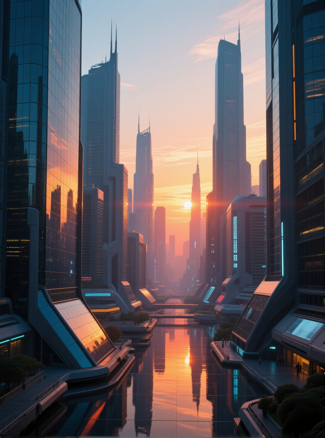 futuristic city skyline at sunset,  ultra-HD clarity,  photorealistic glass reflections on Tensor.Art