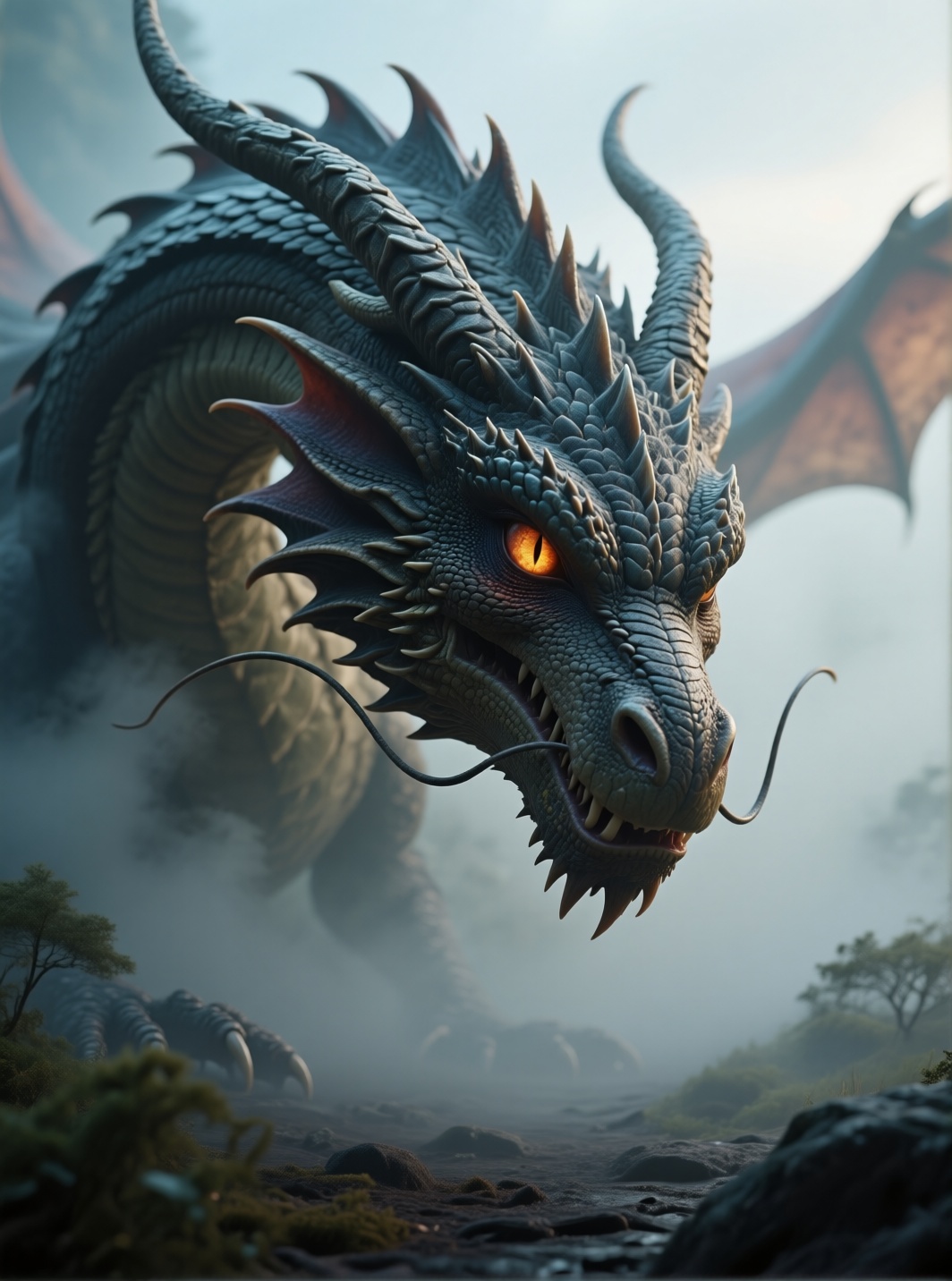 a cinematic ultra-HD fantasy shot of a colossal dragon emerging from mist,  hyper-detailed scales and glowing eyes,  photo...