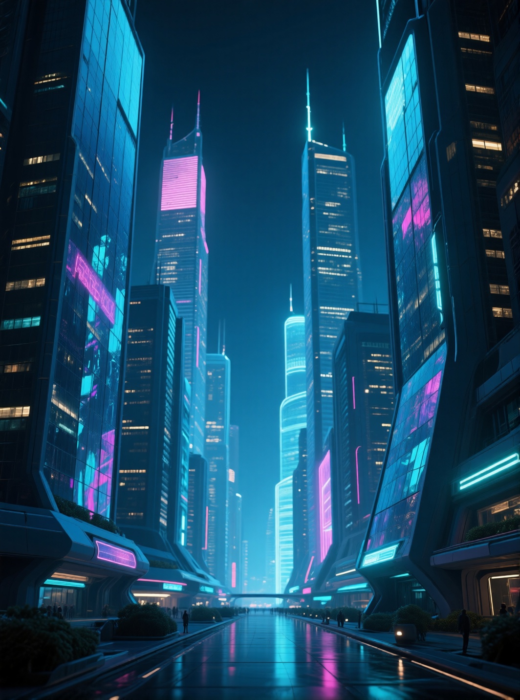futuristic city skyline at night,  skyscrapers glowing with neon reflections on glass,  crystal-clear details on Tensor.Art