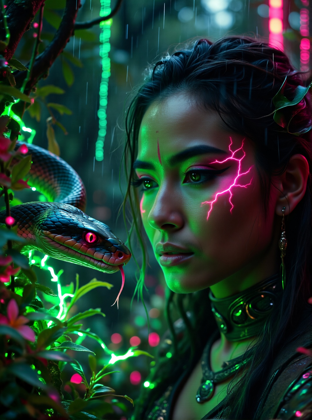 Subject Description: A warrior with electric-green and neon-pink eye shadow stands amid glowing flora. Their gaze locks wi...
