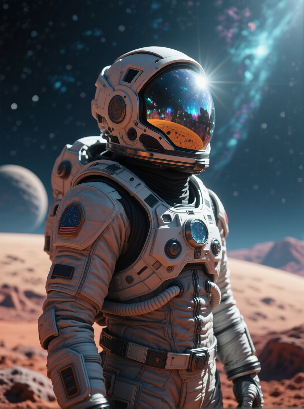 a mesmerizing cinematic ultra-HD shot of an astronaut standing on an alien planet,  hyper-detailed suit textures,  crystal...