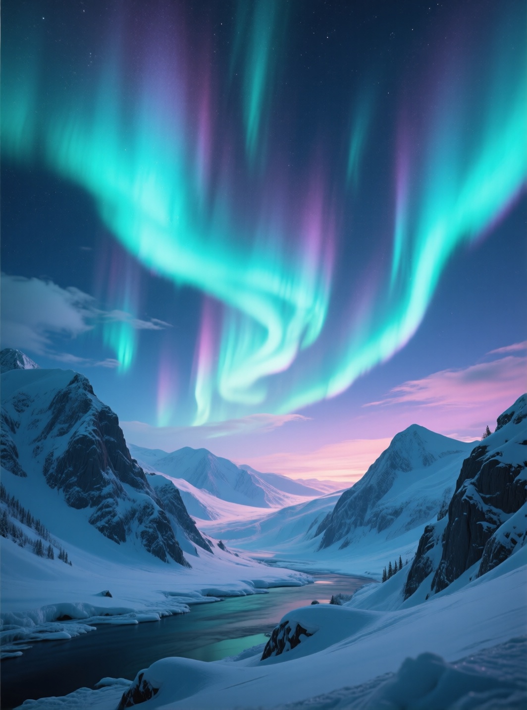 a breathtaking cinematic landscape,  glowing aurora dancing across the sky,  ultra-HD clarity of snow-covered peaks on Ten...