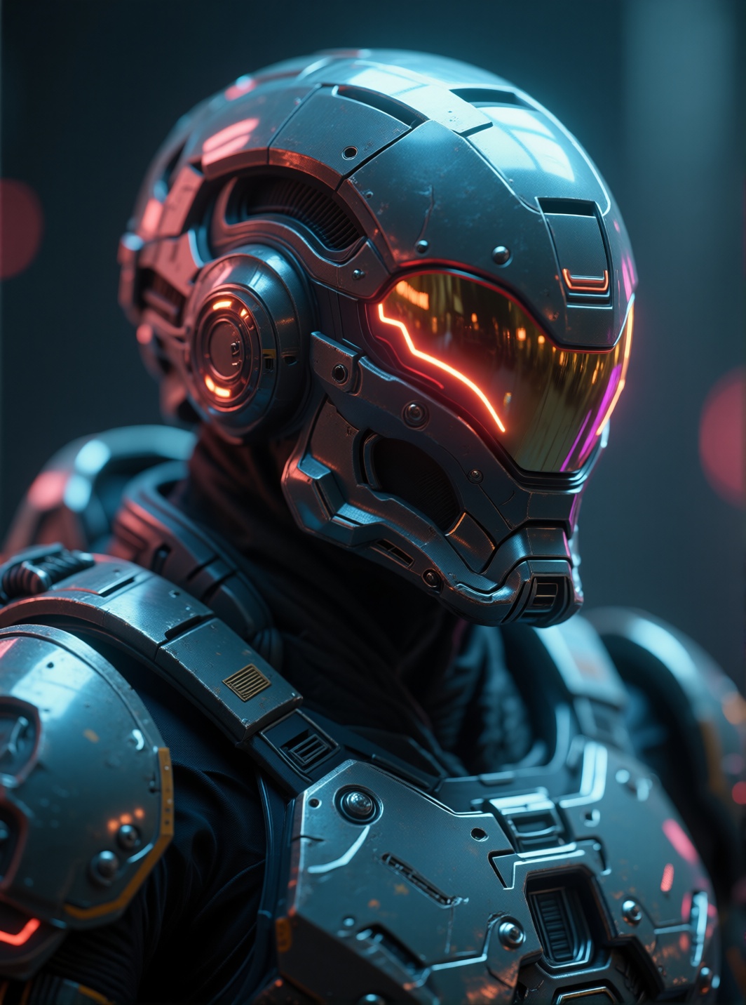 cinematic shot of a futuristic armored soldier,  glowing neon helmet reflections,  ultra-detailed metallic textures on Ten...
