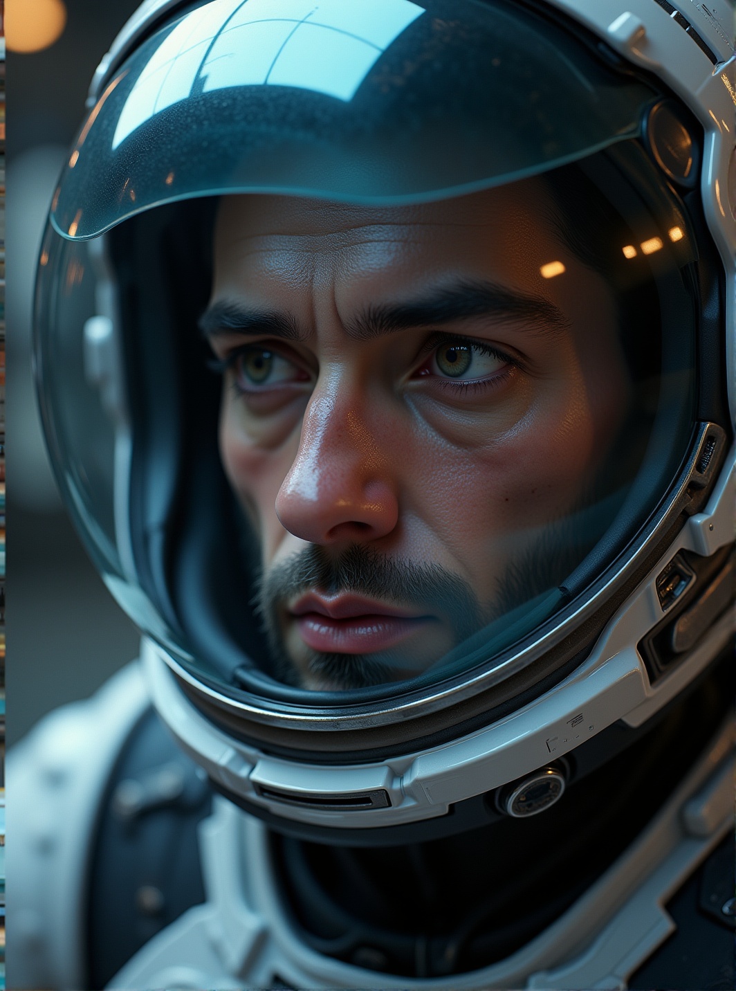 a cinematic ultra-HD portrait of a male astronaut,  sharp realistic face behind helmet glass,  ray traced reflections on T...
