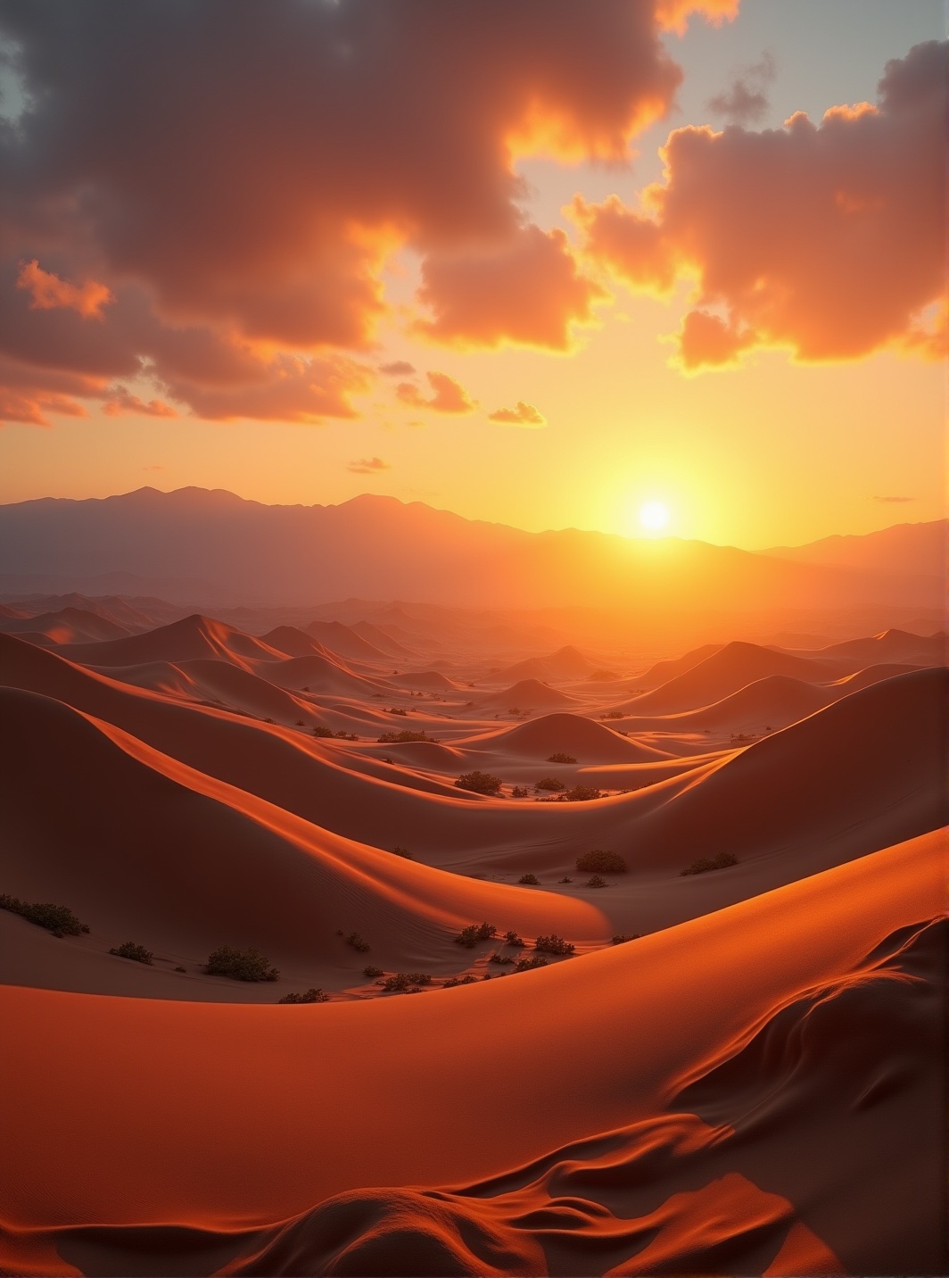 ultra-HD cinematic desert landscape,  sharp sand textures,  photorealistic dunes under dramatic sunset lighting on Tensor.Art