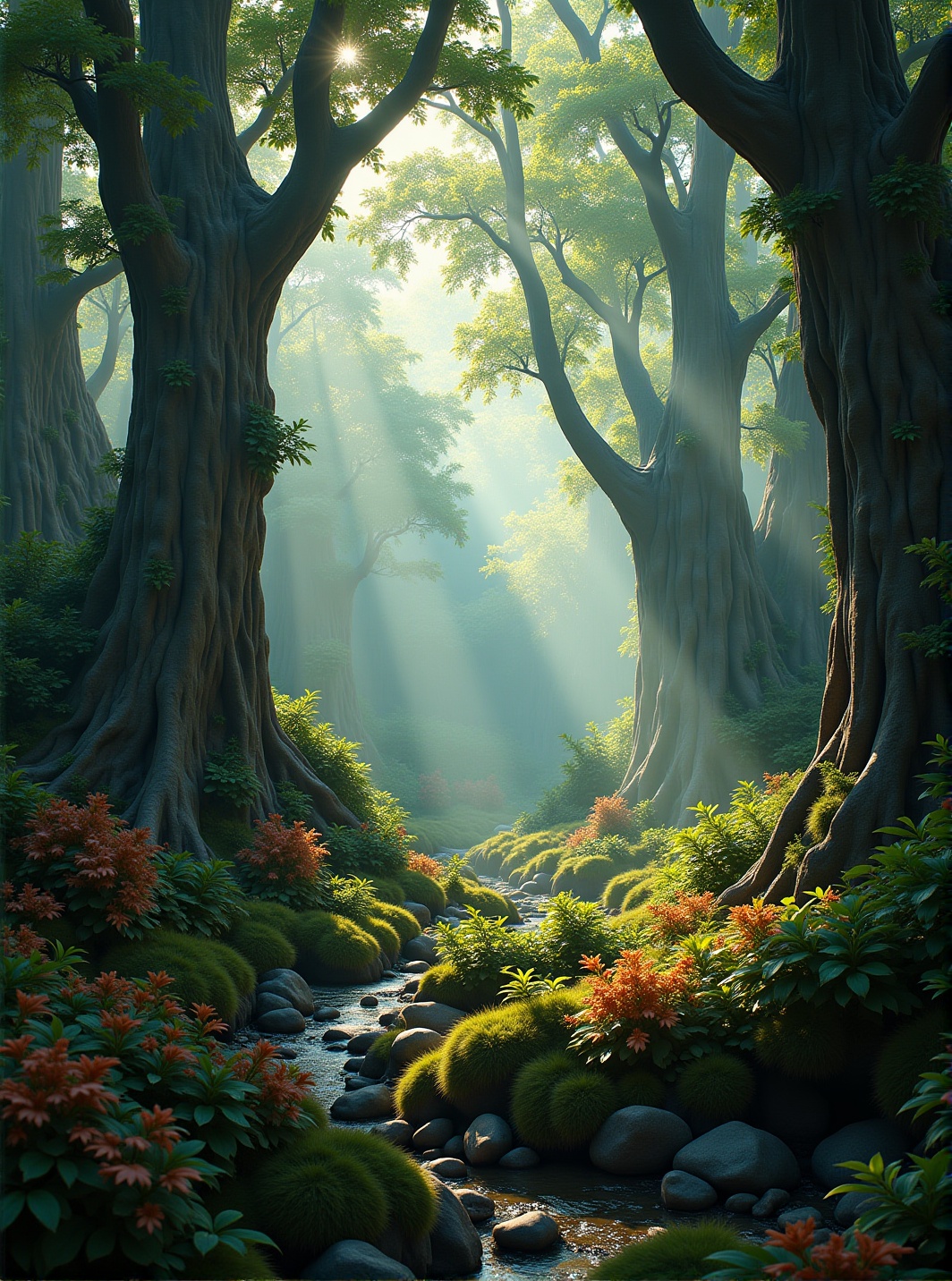 a cinematic ultra-HD fantasy forest glowing with magical light,  sharp leaf textures,  vibrant photorealistic details on T...