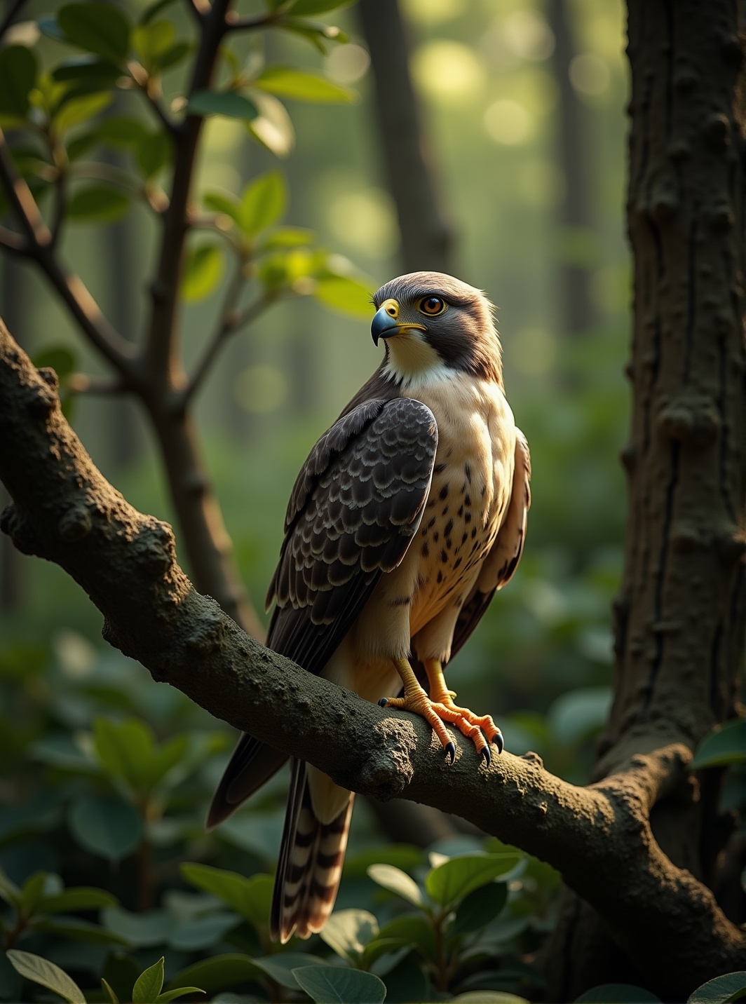 A falcon perched gracefully on a tree branch,  with sunlight filtering through leaves,  casting dappled shadows. The bird...