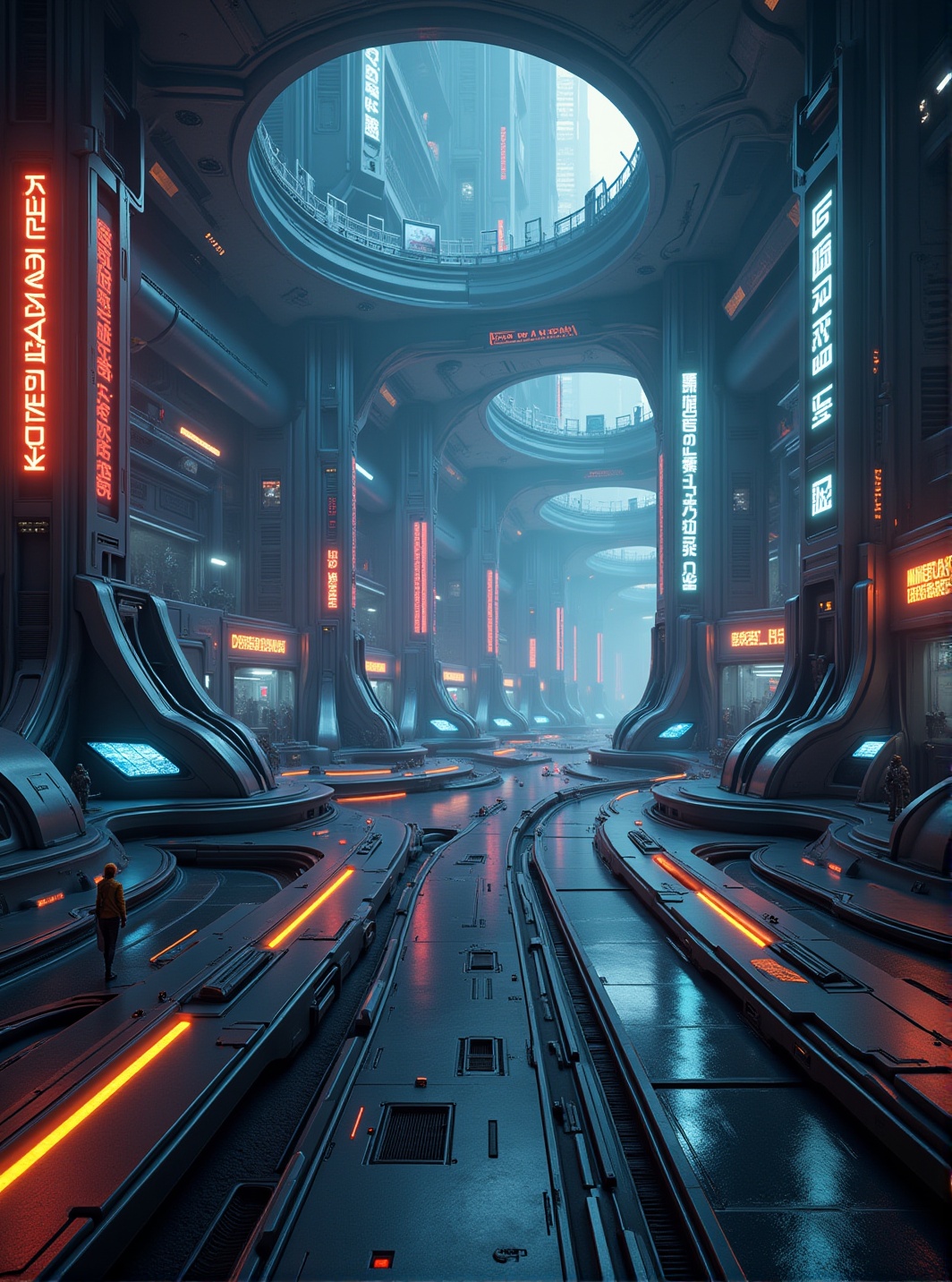 a cinematic ultra-HD sci-fi spaceport,  sharp detailed metallic structures,  glowing lights on Tensor.Art